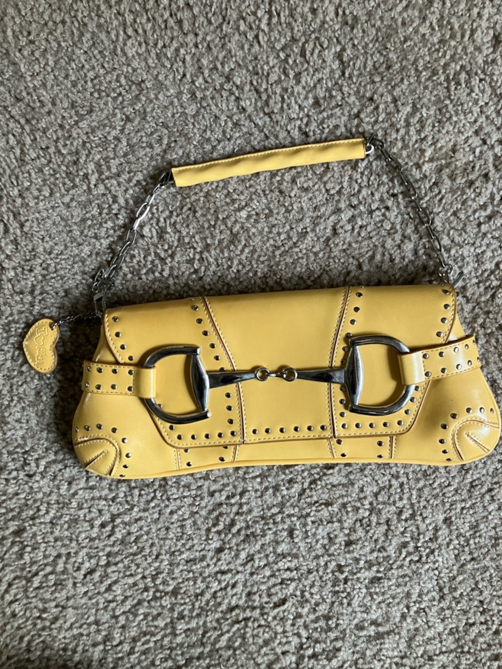 Rina Rich Yellow Studded Leather Clutch with Silver Bit Hardware